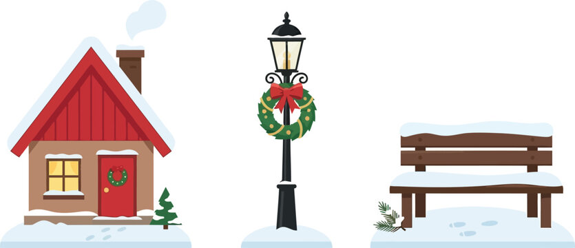 A festive collection of winter holiday elements featuring a cozy snow-covered cabin, an elegant street lamp with a wreath, and a park bench with snow.