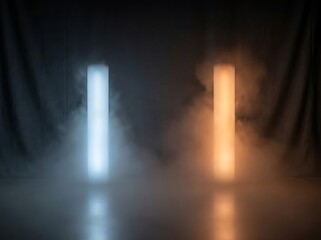 Obraz premium Modern studio setup with two vertical lights, one cool blue, one warm orange, emitting light through smoke.