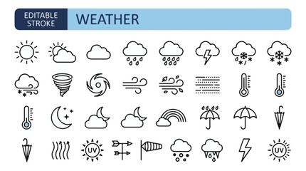 Obraz premium Weather Line Icons Set - Forecast, Temperature, Rain, Snow, Wind, and Storm Vector Linear Symbols with Editable Stroke 