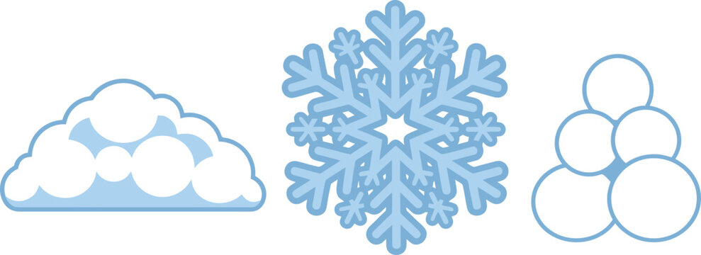 A minimalist digital illustration featuring a fluffy white cloud, a geometric blue snowflake, and a stack of round snowballs arranged in a triangular shape design.