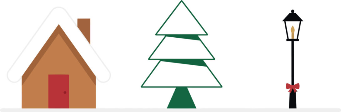 A minimalist flat vector illustration featuring a cozy snow-covered cabin, a stylized evergreen Christmas tree, and an elegant vintage street lamp with a red bow