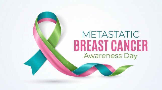 Metastatic breast cancer awareness day banner, tricolor teal pink and green ribbon, medical health campaign graphic