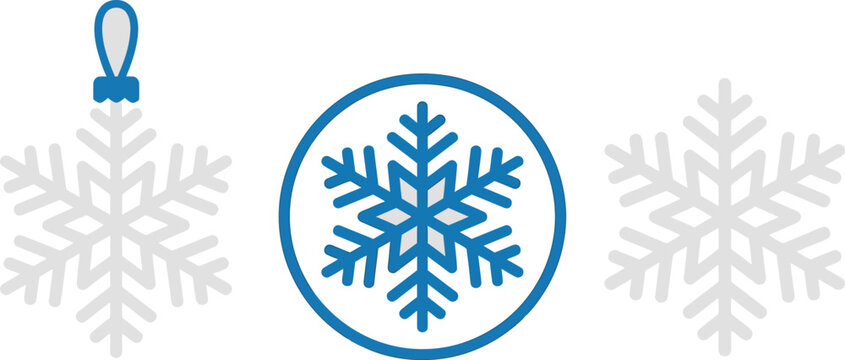 A minimalist graphic composition featuring three distinct stylized snowflake elements, including one hanging ornament, one centered in a blue circle, and one plain white snowflake.