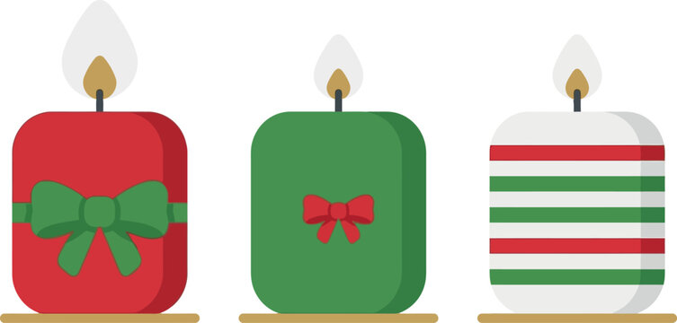 A set of three festive Christmas candles featuring a red candle with a green bow, a green candle with a red bow, and a striped candle.