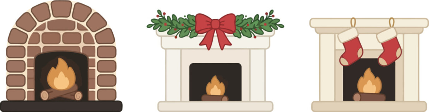A set of three stylized fireplace illustrations including a rustic brick hearth, a festive mantelpiece with greenery, and a cozy fireplace featuring hanging Christmas stockings