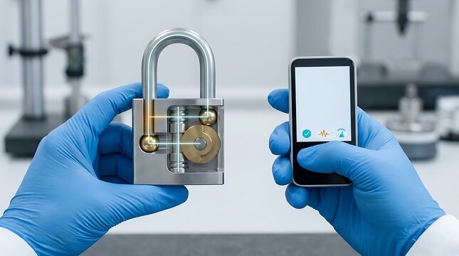 Smart digital security concept, hands in blue gloves holding padlock and smartphone, laboratory testing of cyber protection systems