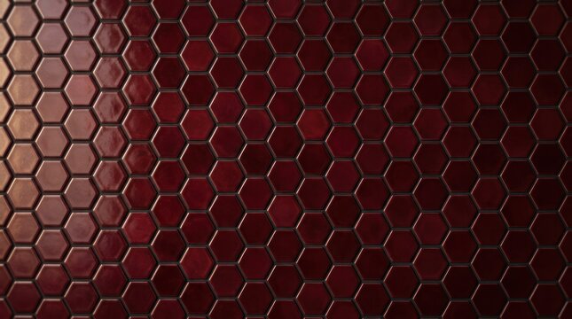 Close up of red hexagonal metal mesh pattern with dark reflections