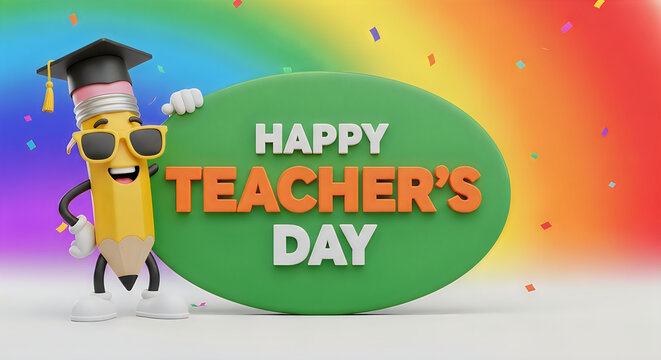 Happy Teachers Day greeting with a cartoon pencil character and colorful confetti