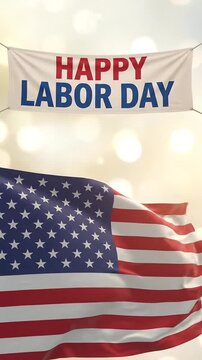 Happy Labor Day celebration banner with a waving national flag below