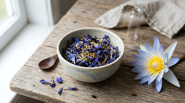 Bowl of dried cornflower petals with blue lotus flower on rustic wooden table botanical wellness holistic aromatherapy ingredient culinary decoration