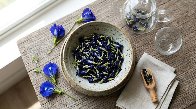 Ceramic bowl filled with fresh butterfly pea flowers next to a teapot and small glass on a wooden surface butterfly clitoria ternatea beverage botanical