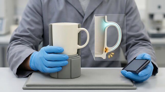Industrial quality control testing, ceramic mug structural analysis, laboratory technician using digital scanning technology
