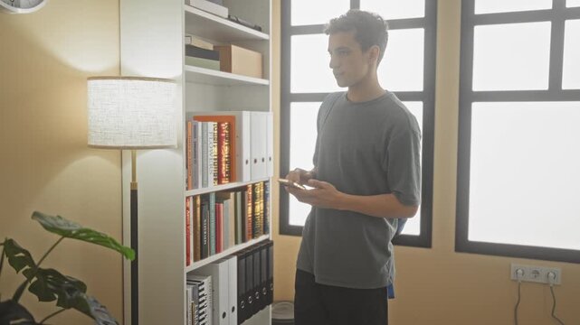 Young man with backpack holds smartphone and flips a book at a bookshelf beside a lamp and clock inside a building; study concentration.
