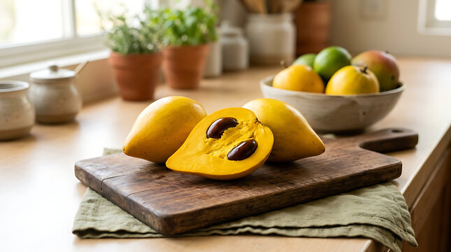 Fresh lucuma fruit on a rustic wooden cutting board in a kitchen with tropical nutrition culinary ingredient superfood vegetarian breakfast