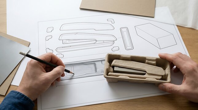 Industrial design process with product sketch and prototype. Designer hands drawing technical blueprint for sustainable packaging and office supplies.
