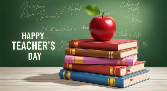 Red apple on stack of books with teachers day message on chalkboard background