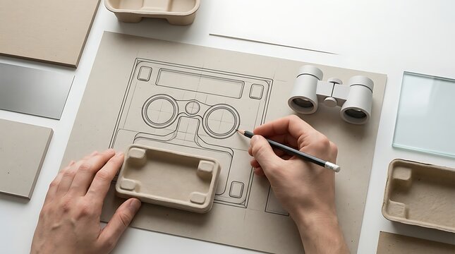 Industrial product design process, designer sketching technical blueprint on paper. Sustainable packaging prototype development with recycled materials.