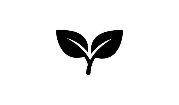 Sprout icon with two leaves and drop shadow, minimal plant growth vector illustration for eco and nature branding design