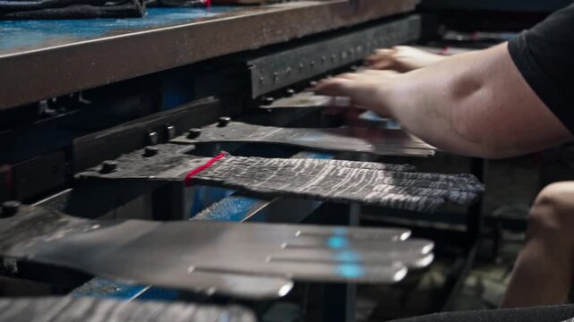 Worker rapidly positions knitted protective gloves on moving hand forms during industrial production. Manual handling keeps each glove aligned before next stage of factory processing.