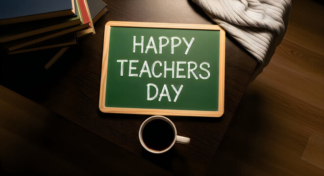 Happy Teachers Day message on a chalkboard with books coffee and a cozy sweater