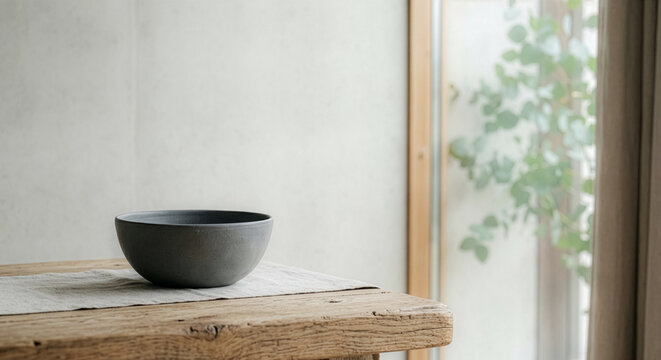 ハンドクラフトの陶器ボウルと古材テーブル 和モダンでミニマルなインテリア空間｜Handcrafted ceramic bowl on vintage wooden table, minimal Wabi-Sabi interior design