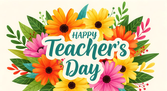 Happy Teachers Day floral arrangement with bright sunflowers and pink blossoms vector illustration