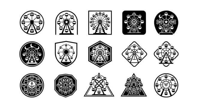 Ferris Wheel Icons Set, Amusement Park Symbols, Vintage Carnival Graphics, Black and White Vector Collection