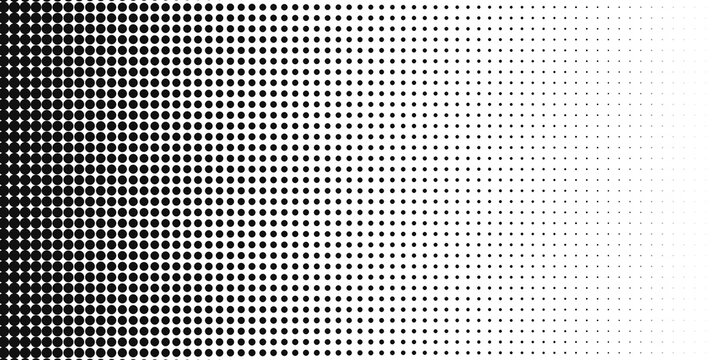 Halftone dot gradient background PNG with transparent background, a dot screen fading from dense black to open white across the frame, landscape halftone background for poster design and social media