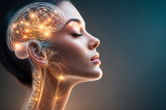 A stylized, glowing human profile with an illuminated brain and nervous system against a dark background.