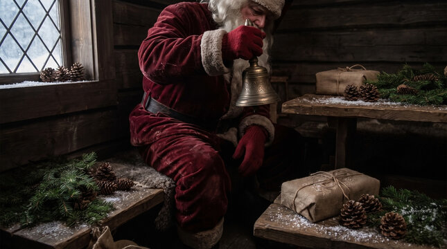 Hand lifting copper christmas bell inside a cozy wooden workshop