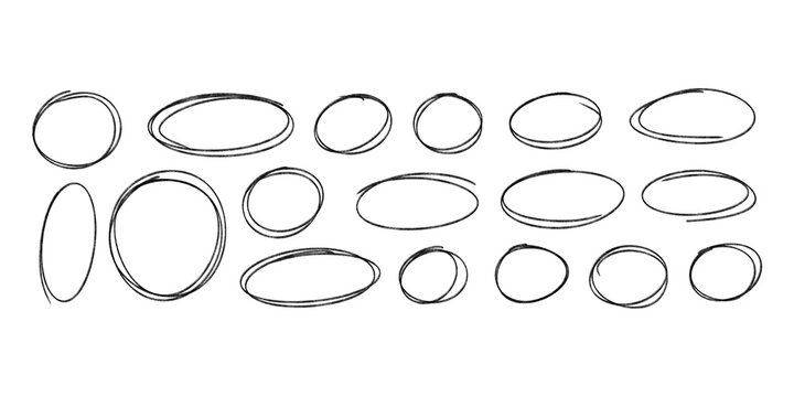 Hand drawn oval circle highlight frames on transparent background set.