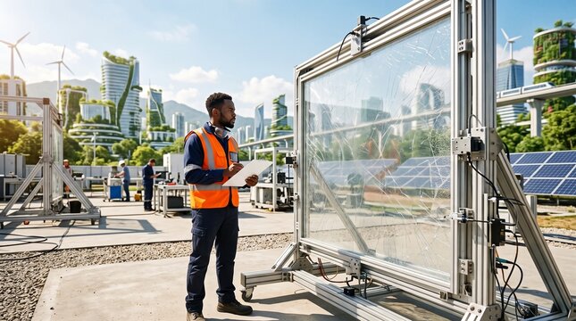 Engineer examines solar panel technology in a futuristic sustainable city