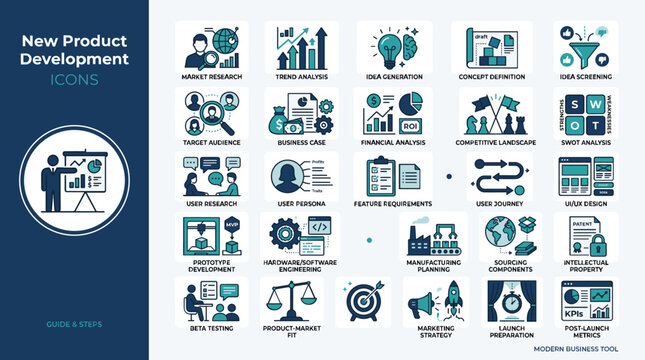 New Product Development icons set, professional business strategy vector graphics, teal and navy corporate project management symbols for marketing and analysis