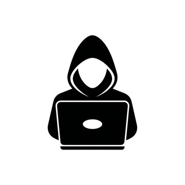Hacker icon with hooded person using laptop computer for cybersecurity and data theft