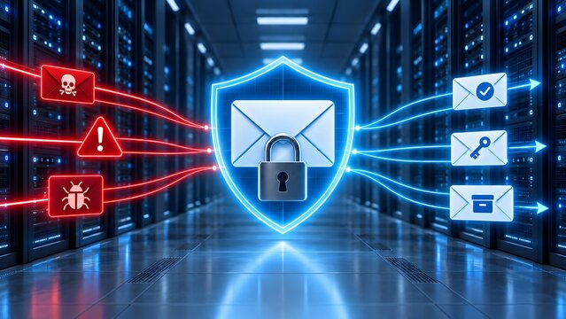 Server room with glowing email security shield filtering malicious cyber threats and allowing safe verified messages in secure network environment