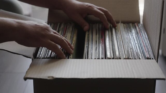 Hands Browsing Vinyl Record Collection in Cardboard Box