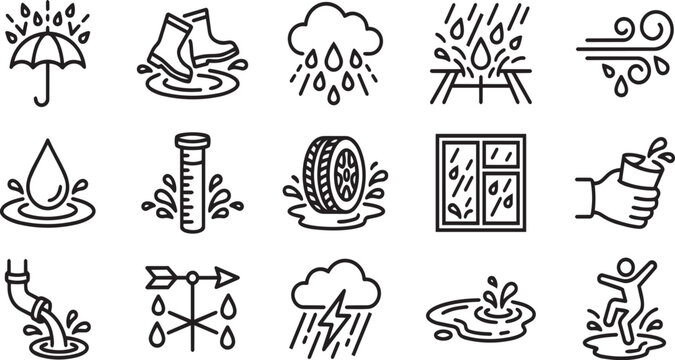 Rainy weather outline icons set with umbrella rain boots wet road and heavy downpour.