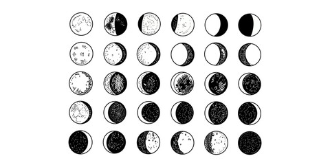 Moon phases cycle collection in various artistic black ink textures. © Naqeeb
