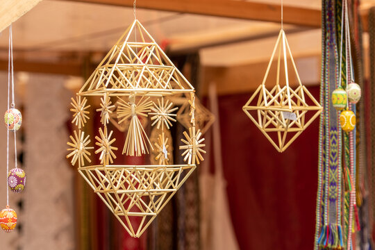 Sodas, beautiful Lithuanian traditional ornament, straw decoration, sold in a traditional craft market in Vilnius, Lithuania, Europe