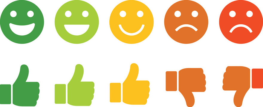 Customer Satisfaction Feedback Rating Scale featuring colorful emoji smileys and hand gestures from happy thumbs up to sad thumbs down, vector, designs