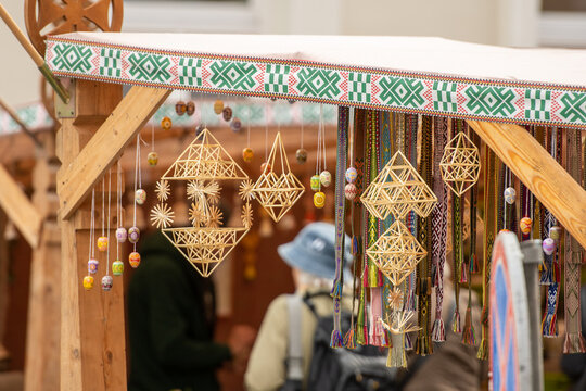 Sodas, beautiful Lithuanian traditional ornament, straw decoration, sold in a traditional craft market in Vilnius, Lithuania, Europe