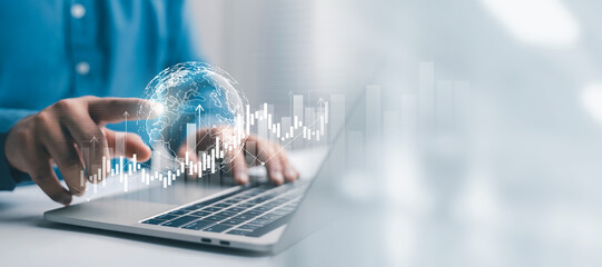 Global business and financial analytics concept with a professional using a laptop, digital globe and rising market chart, representing investment, growth, technology, data analysis worldwide markets.
