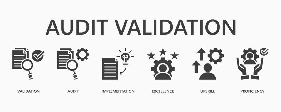 Audit Validation Icon Set. Icon Set Includes Validation, Audit, Implementation. Editable Stroke. Vector Illustration