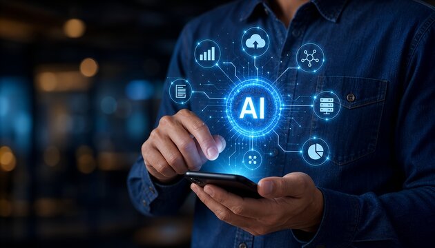 Businessman Interacting with Artificial Intelligence Smart Interface via Smartphone