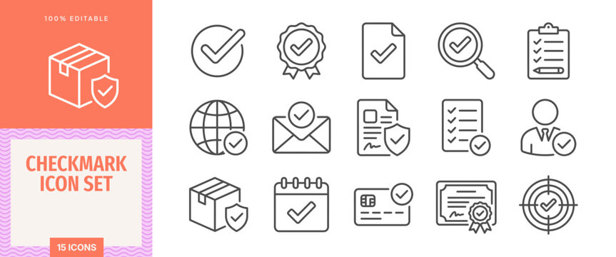 Checkmark icon set, thin line style, vector illustration of various verified and approved symbols including document, package, shield, and calendar icons