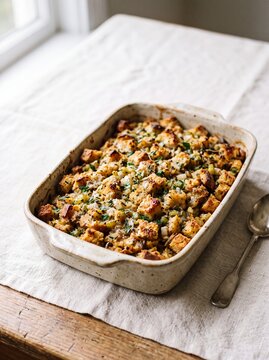 Homemade bread stuffing in a rustic ceramic baking dish
