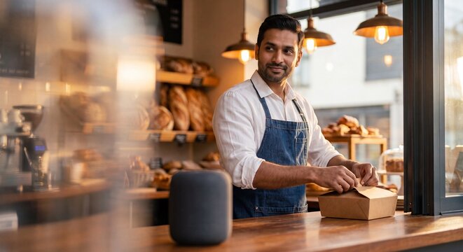 Modern Indian SME owner reacting to audio payment confirmation device in premium retail store