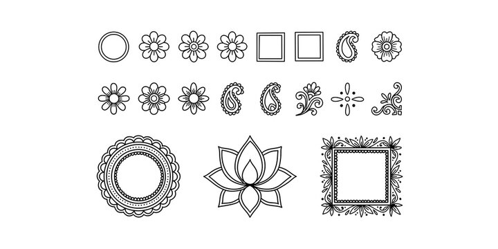 Mandala floral borders and decorative line art vector design elements.