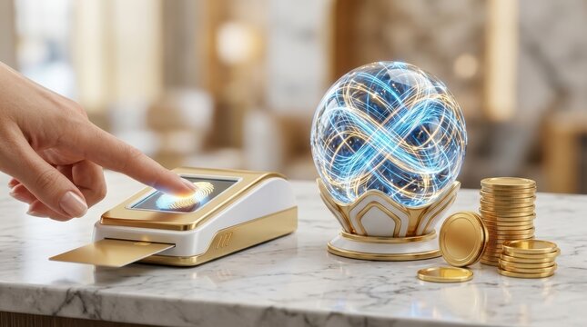 AI banking security with biometric scanner, smart card reader, network sphere, and coin stack on a marble counter