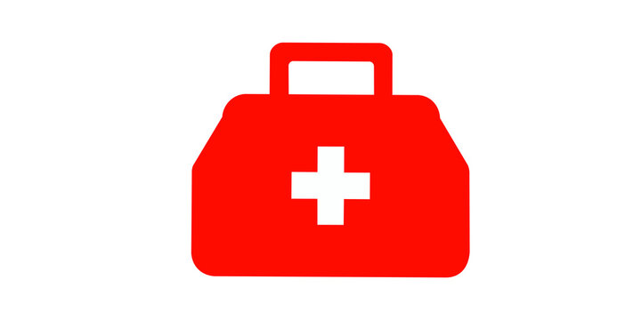 Red first aid kit box icon for emergency medical service and healthcare.